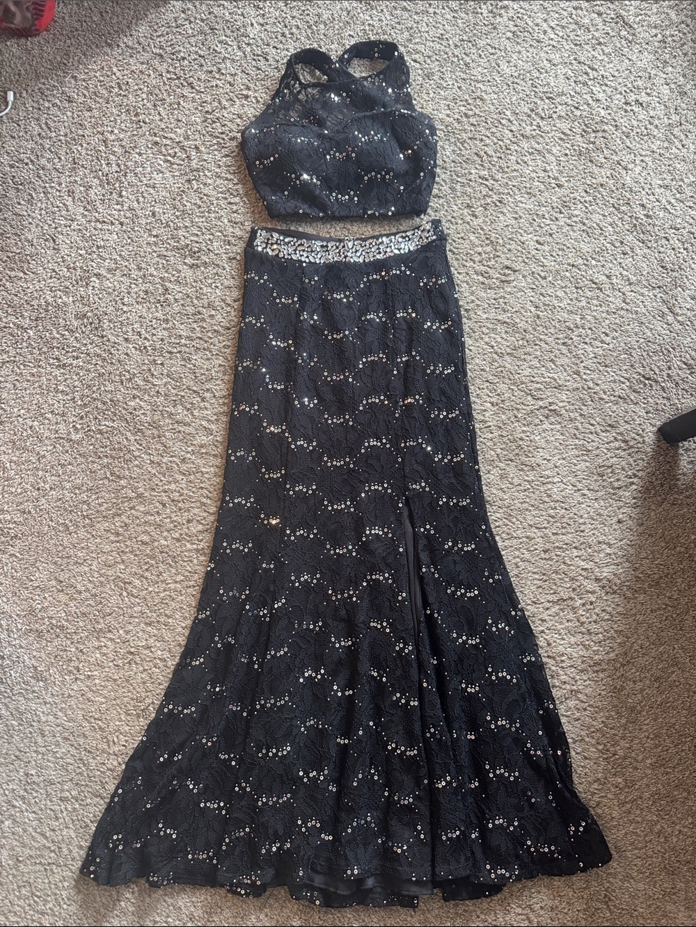 Black Sequin Two-Piece Formal Skirt Set